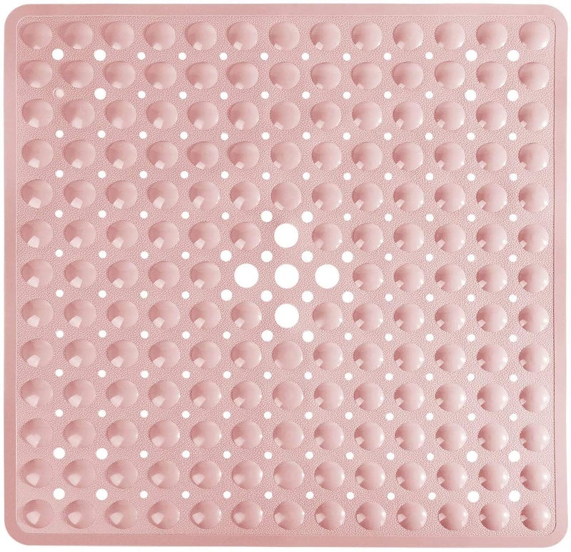 Yimobra Shower Stall Mat Non Slip, 21x21 Inch, Soft Square Bath Mat for Shower with Suction Cups and Drain Holes, Stall Floor Mats for Bathroom, Machine Washable, Bathroom Accessories, Pink - Image 1